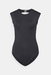 Fato justo preto feito de um tecido liso e elástico. Apresenta um design sem mangas, decote redondo e costas baixas com fecho em gancho.