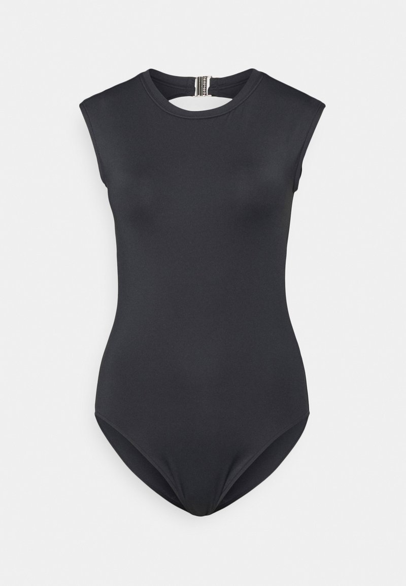 Fato justo preto feito de um tecido liso e elástico. Apresenta um design sem mangas, decote redondo e costas baixas com fecho em gancho.