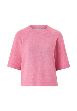 Zacht roze korte mouw gebreide trui met een ronde hals en een ontspannen, boxy pasvorm.