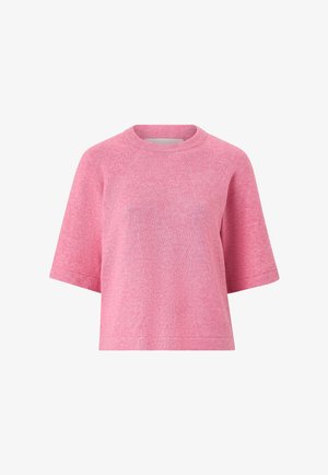 Zacht roze korte mouw gebreide trui met een ronde hals en een ontspannen, boxy pasvorm.