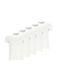 Cinque t-shirt in cotone bianco in fila, con collo rotondo classico e maniche corte, dal tessuto morbido e senza motivi o accenti.
