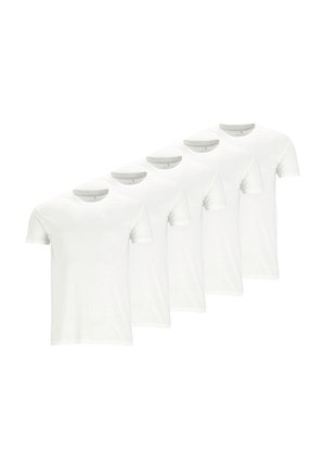 Five white cotton t-shirts in a row, featuring a classic crew neck and short sleeves, with a smooth texture and no patterns or accents.