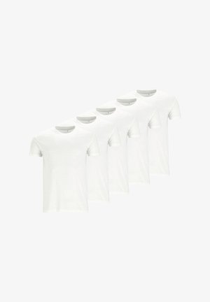 Fünf weiße Baumwoll-T-Shirts in einer Reihe, mit klassischem Rundhalsausschnitt und kurzen Ärmeln, mit einer glatten Textur und ohne Muster oder Akzente.