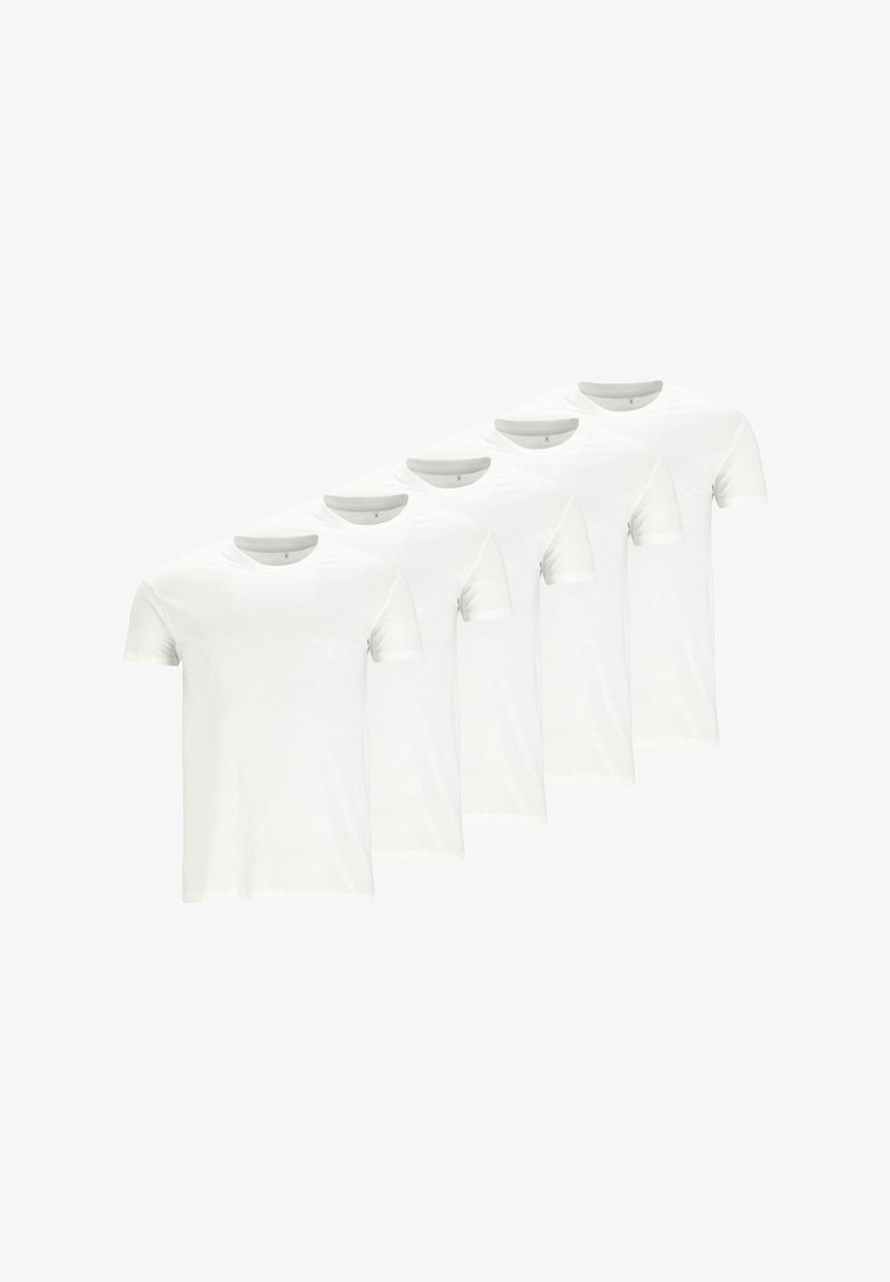 Five white cotton t-shirts in a row, featuring a classic crew neck and short sleeves, with a smooth texture and no patterns or accents.