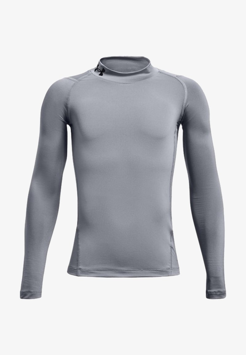 Gray long-sleeve athletic shirt with a high neckline, made of smooth, stretchable fabric. Features minimal stitching and a logo on the collar.