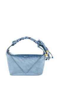 Borsa a mano in velluto blu chiaro con manico intrecciato, caratterizzata da perline decorative e un pannello frontale a forma triangolare. Chiusura con zip.