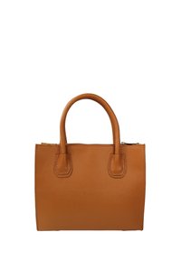 Sac à main en cuir tan avec deux courtes poignées, de forme rectangulaire, surface texturée et fermeture éclair. Design simple sans embellissements visibles.