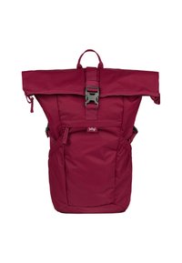 Zaino rosso realizzato in tessuto resistente, con design a scomparsa, spallacci regolabili e una robusta fibbia frontale. Inclusi due taschini laterali.