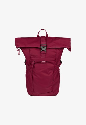 Red backpack made of durable fabric, featuring a roll-top design, adjustable straps, and a sturdy front buckle. Two side pockets included.