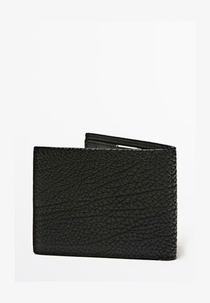 Black textured leather bifold wallet, partially open, placed on a plain white background.