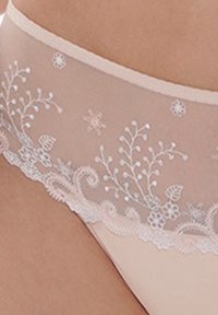 Sheer nude panty with delicate white floral embroidery along the waistband, featuring intricate lace trim and a smooth finish.