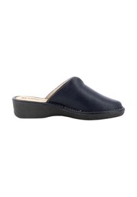  Scarpe slip-on a zeppa in pelle blu navy con punta arrotondata, interno beige e suola in gomma nera. Presenta cuciture bianche lungo il bordo superiore.