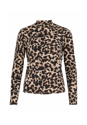 Camisa de manga larga con estampado de leopardo y cuello alto. Presenta una combinación de colores en negro y beige, textura suave y diseño ajustado.