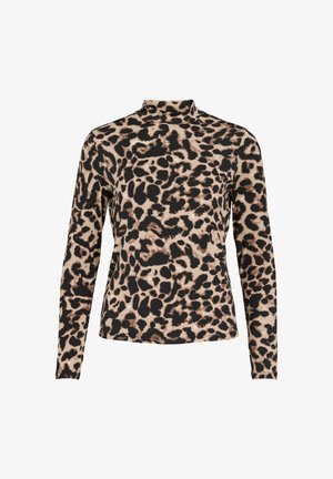 Camisa de manga larga con estampado de leopardo y cuello alto. Presenta una combinación de colores en negro y beige, textura suave y diseño ajustado.