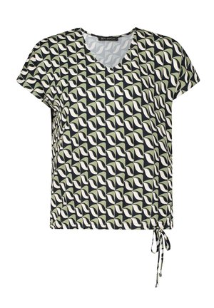 Schwarze Bluse mit kurzen Ärmeln und V-Ausschnitt, ausgestattet mit einem grünen und cremefarbenen geometrischen Muster. Verstellbarer Kordelzug am Saum für eine optimale Formgebung.