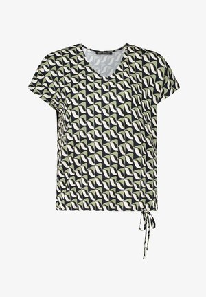 Schwarze Bluse mit kurzen Ärmeln und V-Ausschnitt, ausgestattet mit einem grünen und cremefarbenen geometrischen Muster. Verstellbarer Kordelzug am Saum für eine optimale Formgebung.