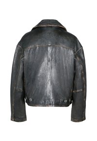 Slidt sort læderjakke med lange ærmer, synlige syninger, to knapper forneden og et lille præget logo på øverste del af ryggen.