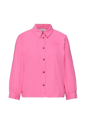 Blouse rose à manches longues, col pointu, fermeture boutonnée à l'avant, et poignets légèrement froncés.