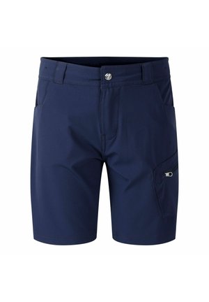 Pantaloncini blu navy con passanti per cintura, bottone frontale, tasche laterali e tasca con cerniera sulla gamba destra.