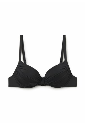 Schwarzer Bikini-Oberteil aus dehnbarem Material, mit Unterdraht-Cups, Raffung und verstellbaren dünnen Trägern. Knoten-Detail in der Mitte vorne.
