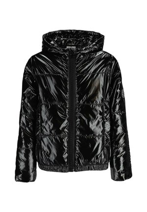 Czarna błyszcząca pikowana kurtka puchowa z kapturem, pełnym zamkiem z przodu, pikowanymi sekcjami, elastycznym dołem i naszywką z logo na lewej rękawie.