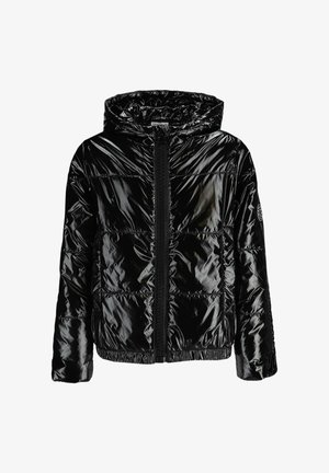 Czarna błyszcząca pikowana kurtka puchowa z kapturem, pełnym zamkiem z przodu, pikowanymi sekcjami, elastycznym dołem i naszywką z logo na lewej rękawie.