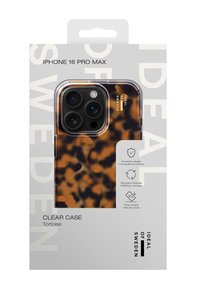 Clear iPhone 16 Pro Max case with tortoise pattern, transparent material, protective design, and recycled components on a light gray background.