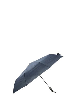 Granatowy, kompaktowy parasol z eleganckim, okrągłym daszkiem i lekką metalową ramą. Posiada mechanizm otwierania na przycisk oraz pętlę do zawieszenia.