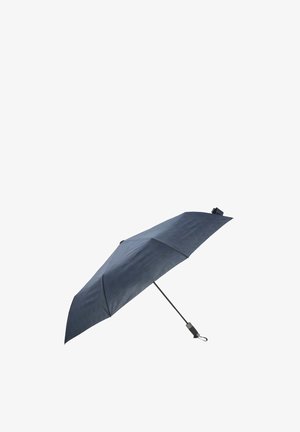 Granatowy, kompaktowy parasol z eleganckim, okrągłym daszkiem i lekką metalową ramą. Posiada mechanizm otwierania na przycisk oraz pętlę do zawieszenia.