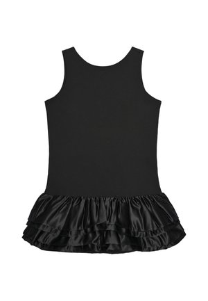 Robe noire sans manches avec un col rond et une jupe à volants en satin double couche en bas.