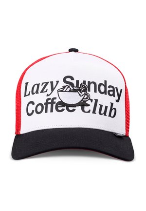 White and red mesh cap with black brim, featuring "Lazy Sunday Coffee Club" text and a small person lounging inside a coffee cup graphic.