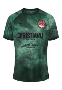 Zielona sportowa koszulka z wzorem, posiadająca okrągły dekolt, krótkie rękawy oraz oznaczenia z napisami „Christiania” i „Smokers Choice” w pogrubionym czarnym tekście.