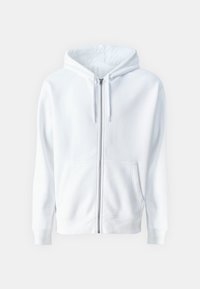 Bílá mikina s kapucí na zip vyrobená z měkké tkaniny, s kapucí, předními kapsami a žebrovanými manžetami. Minimalistický design bez viditelných vzorů nebo akcentů.