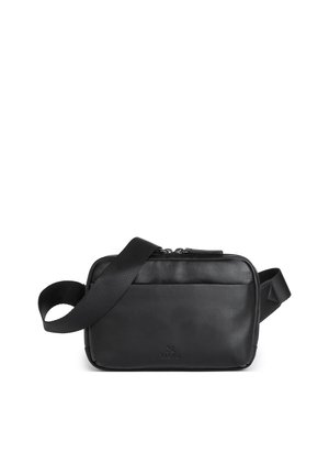 Black rectangular leather crossbody bag with front pocket, adjustable wide fabric strap, and double zipper closure.