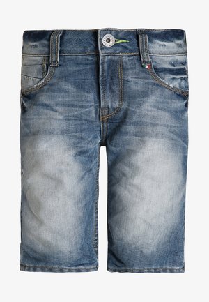 Szorty dżinsowe w wyblakłym niebieskim kolorze, z zapięciem na guzik i zamek błyskawiczny, pięcioma kieszeniami, żółtym przeszyciem oraz zielono-czerwoną metką na pasku.