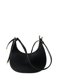 Sac à épaule en cuir noir avec une silhouette courbée, une texture lisse, des accents en matériel doré et deux sangles ajustables.