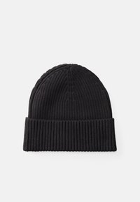 Black knit beanie with a ribbed texture and a folded brim. Features a smooth, seamless top with subtle sewing details.