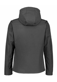 Schwarze wasserdichte Jacke mit Kapuze, glatter Textur, langen Ärmeln und gesteppten Nähten. Minimalistisches Design, keine sichtbaren Beschläge.