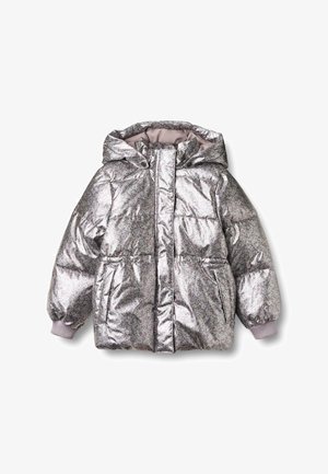 Veste rembourrée argentée en métal, taille enfant, avec un motif floral subtil, capuche, fermeture éclair à l'avant avec bouton-pression, et poignets côtelés.