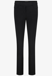 Zwarte jeans met een slim fit, gemaakt van rekbaar materiaal. Voorzien van zijzakken, ceintuurlussen en een soepele tailleband. Geen zichtbare patronen.