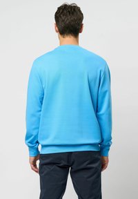 Sudadera azul claro con mangas largas y puños acanalados. Tejido liso con cuello redondo, diseñada para uso casual. Sin logos visibles.