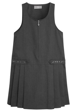 Robe sans manches grise avec jupe plissée ; présente une fermeture éclair à l'avant et des boutons décoratifs avec des motifs en forme de cœur sur la taille. Matière en mélange de coton.