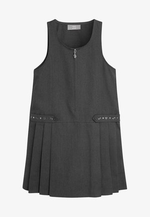 Graues ärmelloses Kleid mit plissiertem Rock; verfügt über einen Reißverschluss vorne und dekorative Knöpfe mit Herzmustern am Taillenbund. Material aus Baumwollmischung.