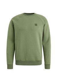 Groene sweatshirt met een ronde hals, raglanmouwen en geribbelde manchetten. Heeft een klein geweven label op de borst. Glad katoenen stof.