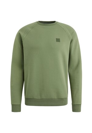 Sweatshirt vert avec un col rond, des manches raglan et des bords côtelés. Présente une petite étiquette tissée sur la poitrine. Tissu en coton lisse.