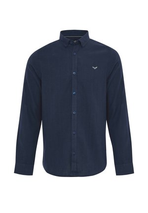 Chemise à manches longues bleu foncé en coton avec col, dotée de boutons bleus et d'un logo brodé subtil sur la poitrine.