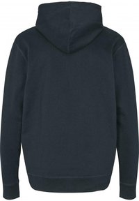 Mörkblå hoodie med dragsko i huvan, långa ärmar och ribbad mudd och nederkant. Mjuk tyg med slät textur, enkel design.