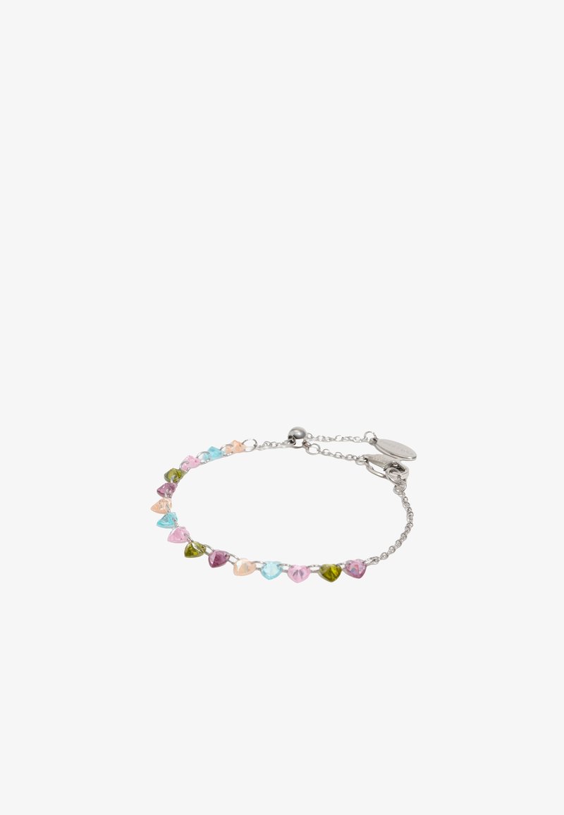 Pulsera de cadena de plata con cuentas en forma de corazón facetadas de colores variados en rosa, azul, verde y púrpura, con un cierre seguro.