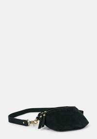 Black suede bag with a rounded shape, gold hardware accents, and a zipper closure. Features a detachable strap for versatility.