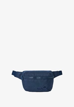 Navyblaues Stoff-Gürteltasche mit Reißverschluss, geprägtem Logo an der Seite und verstellbarem Riemen für einen sicheren Sitz. Glatte Textur.